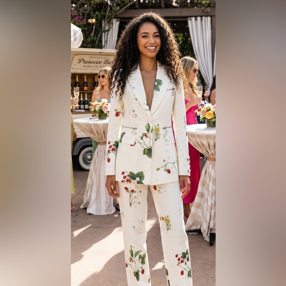 White Floral Strawberry Print Blazer and Pants Set